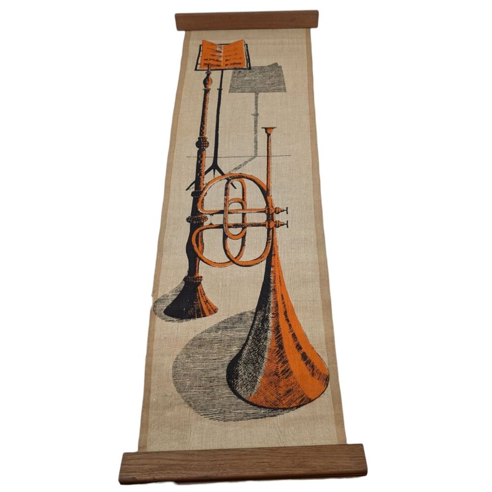 Mid Century Modern Silkscreen Scroll Tapestry Instrument On Linen MCM Horn *READ - Picture 2 of 15